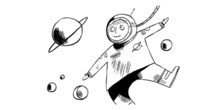 A line illustration of an astronaut surrounded by planets.